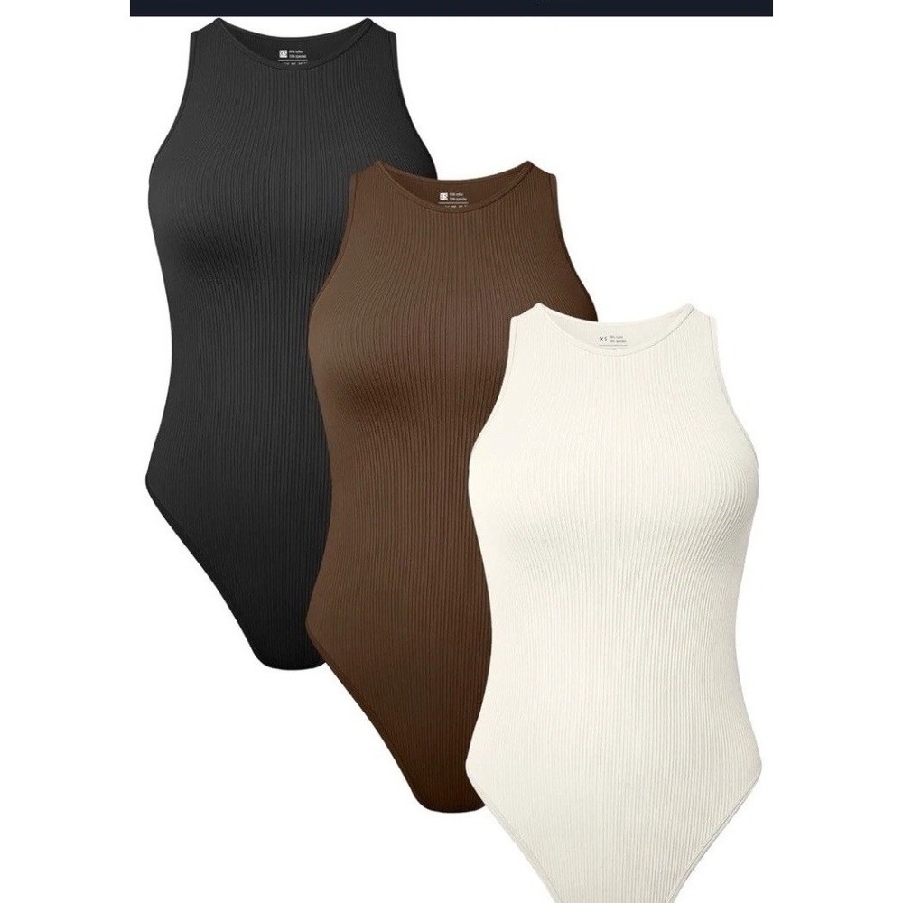TOB Bodysuit Women Small Coffee Beige Black Like New 3 Pack Ribbed Sleeveless